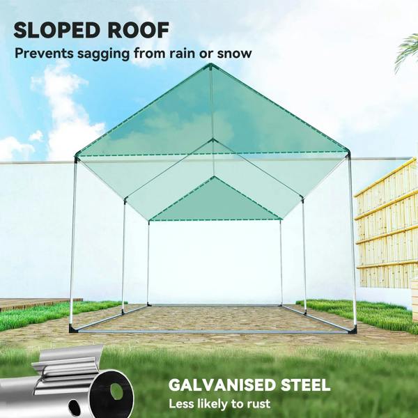 White walk-in greenhouse with sloped roof and galvanized steel frame