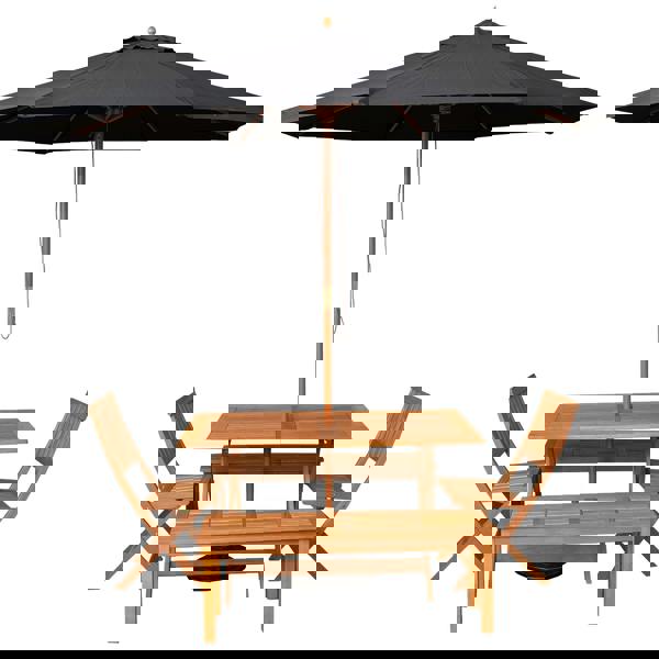 Samuel Alexander Outdoor 6 Person Rectangular Wooden Garden Dining Table, 2 Benches, Chairs with Black Parasol and Base Set