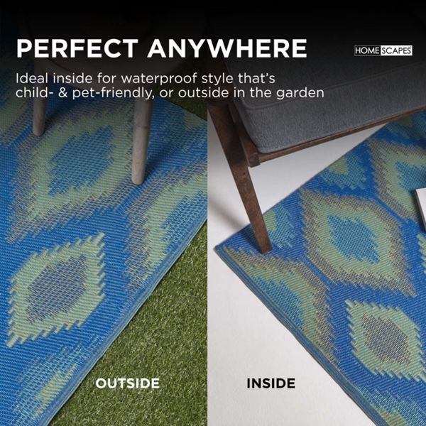 HOMESCAPES Outdoor Rug Luxury Waterproof Reversible Recycled, For Garden, Amber Ikat