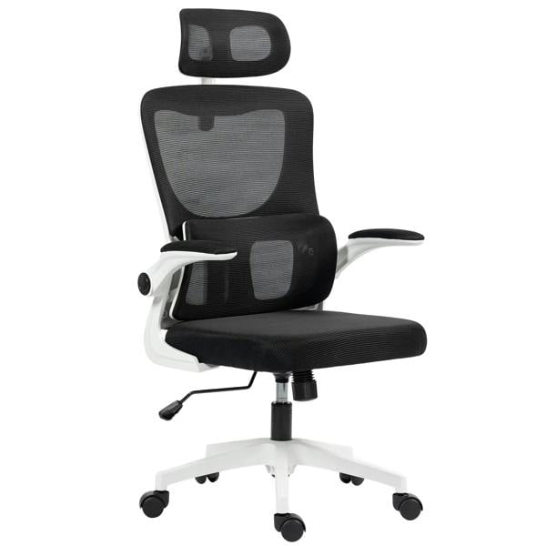 Black ergonomic office chair with high-back mesh, adjustable headrest, lumbar support