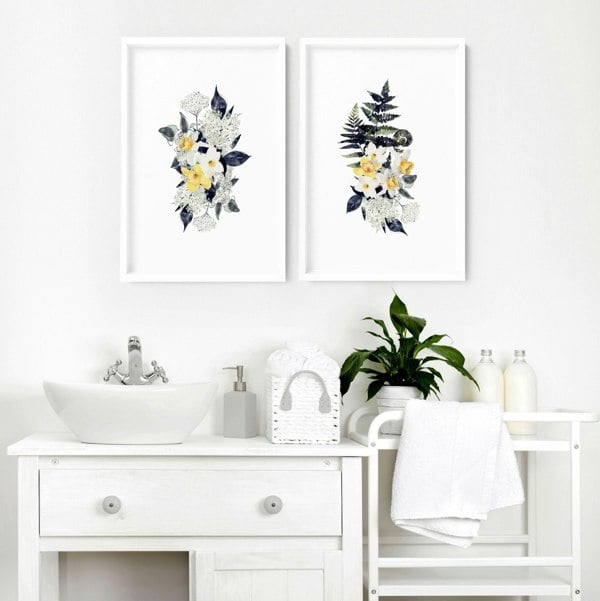 Wall art for bathroom walls | set of 2 Floral wall art prints