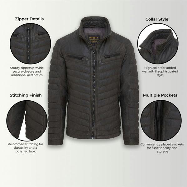 Infinity Leather Mens Quilted Puffer Leather Bomber Jacket - Torpoint
