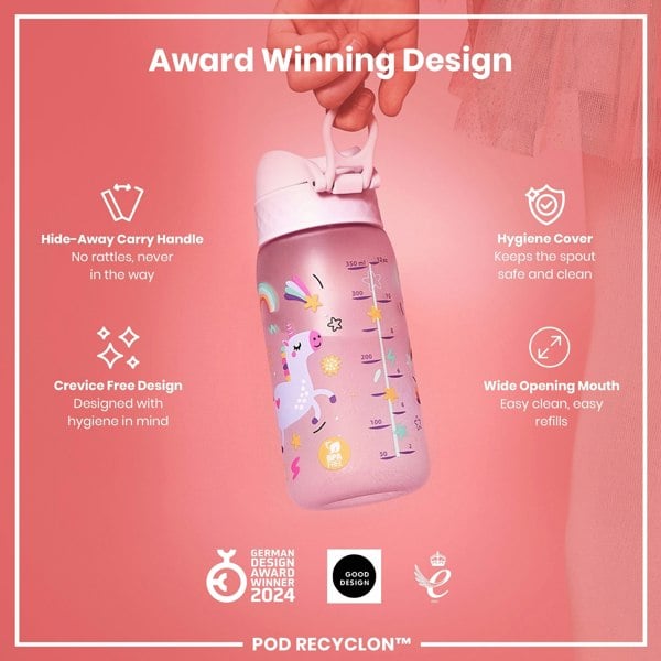 A pink children's water bottle, decorated with a unicorn, is being held. It features a hide-away handle, hygiene cover, and wide mouth for easy cleaning. The bottle is BPA free and a 2024 German Design Award winner.