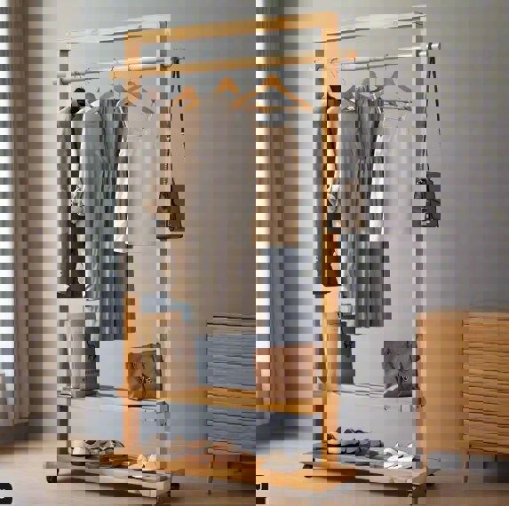 Modcraft Rolling Bamboo Clothes Rail with Shelf – Heavy Duty Wooden Garment Hanging Stand with Wheels