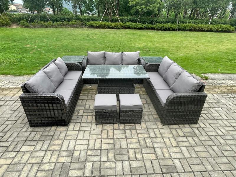 Fimous 11 Seater Rattan Garden Furniture Patio Set, Adjustable Height Table, Lounge Sofa, 2 Side Tables, 2 Small Footstools, Dark Grey Mixed