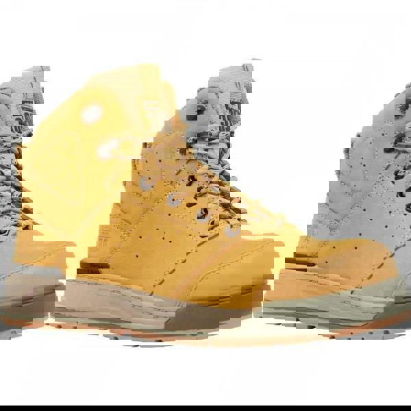 Hard Yakka 3056 Mens Side Zip Safety Composite Toe Ankle Boots, yellow safety work boots with side zipper, durable sole, and protective toe cap.