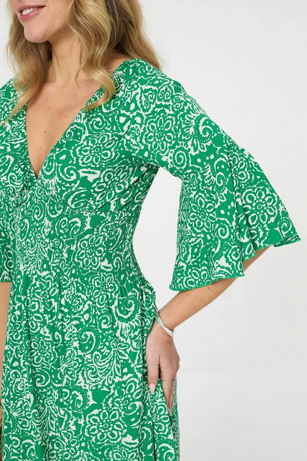 Green | Printed 3/4 Sleeve Layered Midi Dress