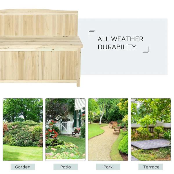 Natural wood garden storage bench with hinged lid and slatted back