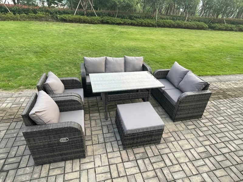Fimous 8 Seater Dark Grey Rattan Outdoor Dining Set - Reclining Chair, Loveseat, 2-Seater Sofa & Rectangular Dining Table