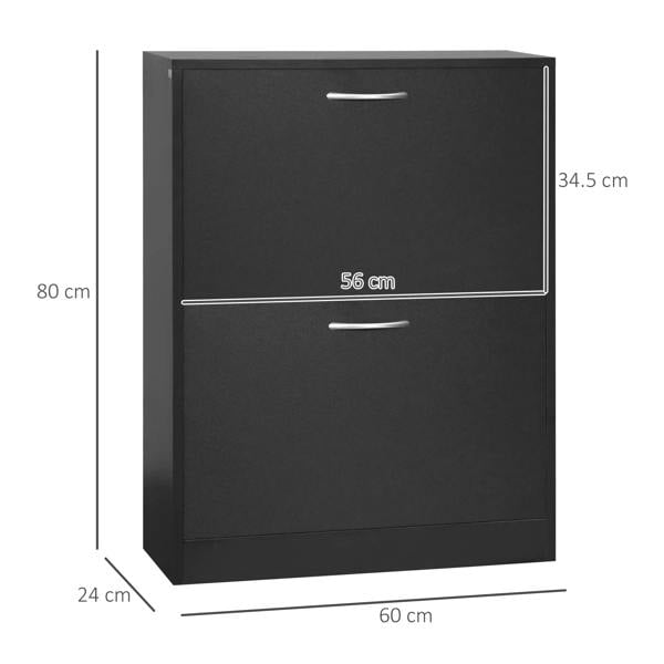 Black narrow shoe cabinet, front view with two flip doors and metal handles; size shown