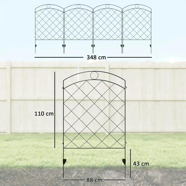 Black steel fence panel dimensions diagram: arched top, diamond mesh, stakes and measurements.