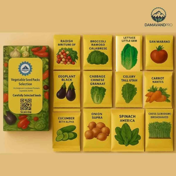 Mixed vegetable seed pack including tomatoes, lettuce, peppers, and cucumbers