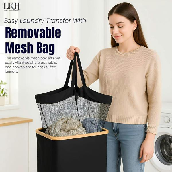 LKH HOME COLLECTION LKH Laundry Basket with Lid 100 Litre-600D Polyester Clothes Hamper-Laundry with Bamboo Handles-44x33x70cm