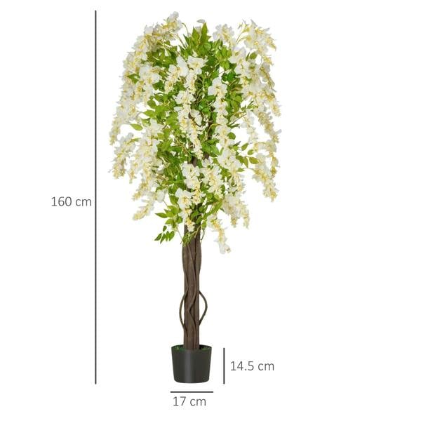 White faux wisteria tree with cascading blossoms; 160 cm, in a black nursery pot