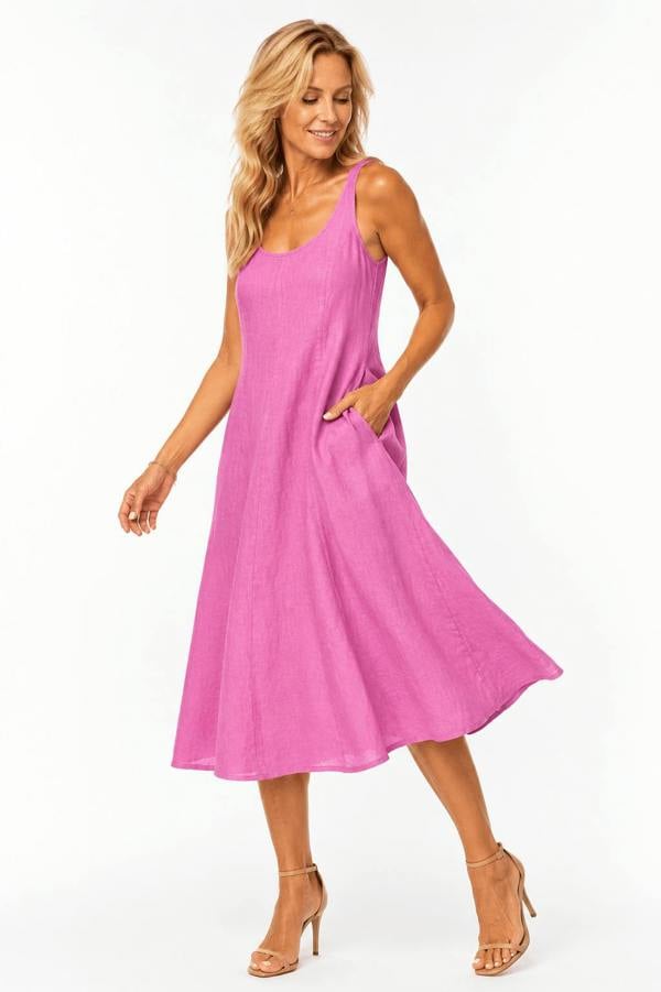 Claudio Lugli Sleeveless Scoop-Neck Linen Midi Dress with Pockets - Pink