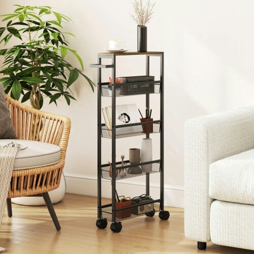 Wyld Haus Raelno Metal Black 5 Tier Slim Storage Trolley With Wood Effect Top And Handle