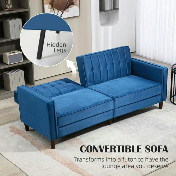 Blue velvet-feel three-seater sofa bed with tufted back and extended base legs detail