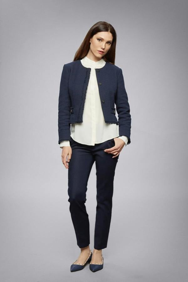 Rumour London Gabrielle navy tweed jacket with fringing detail