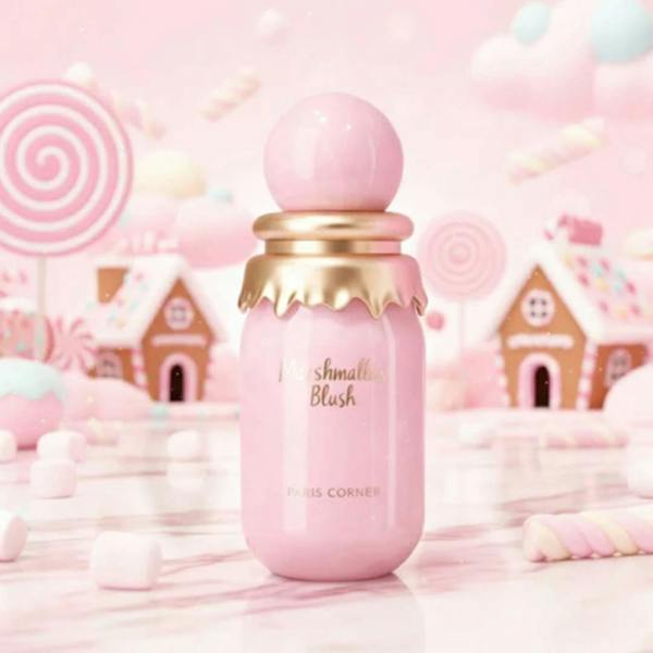 Paris Corner Marshmallow Blush Eau de Parfum 100ml bottle with candy themed background