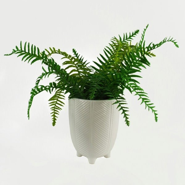 Leaf Tall Ceramic Planter Plant Pot With Feet White Stripe 15 x 15 x 19cm