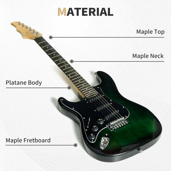 Electric guitar materials diagram: maple top, maple neck, platane body, maple fretboard