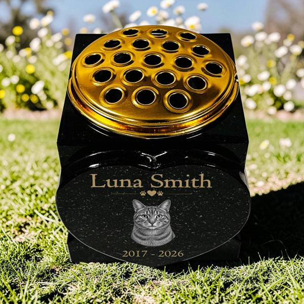 Memorials Direct Cat Memorial Granite Heart-Shaped Photo Vase