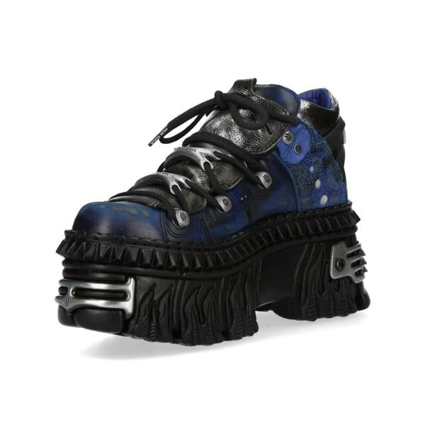 New Rock M-WALL106N-C16 Blue Silver Leather Gothic Urban Rock Ankle Boots