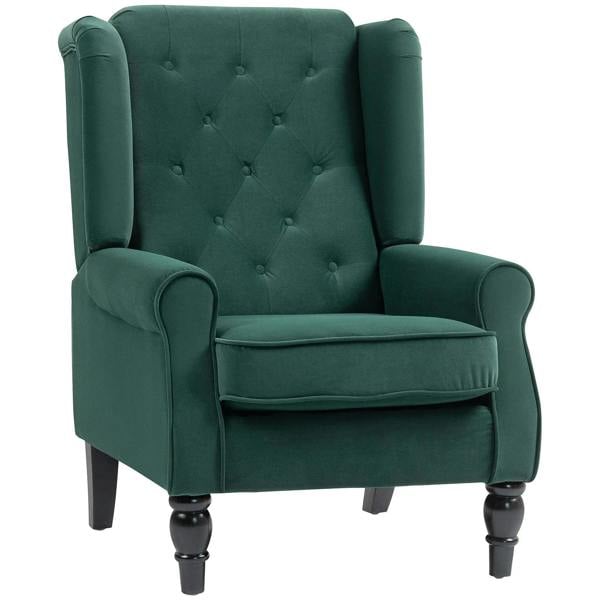 Green wingback accent chair, button-tufted upholstery with rolled arms