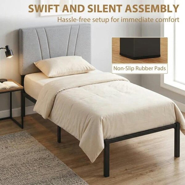 3FT Single Bed Frame with Upholstered Headboard and Underbed Storage, Black and Light Grey