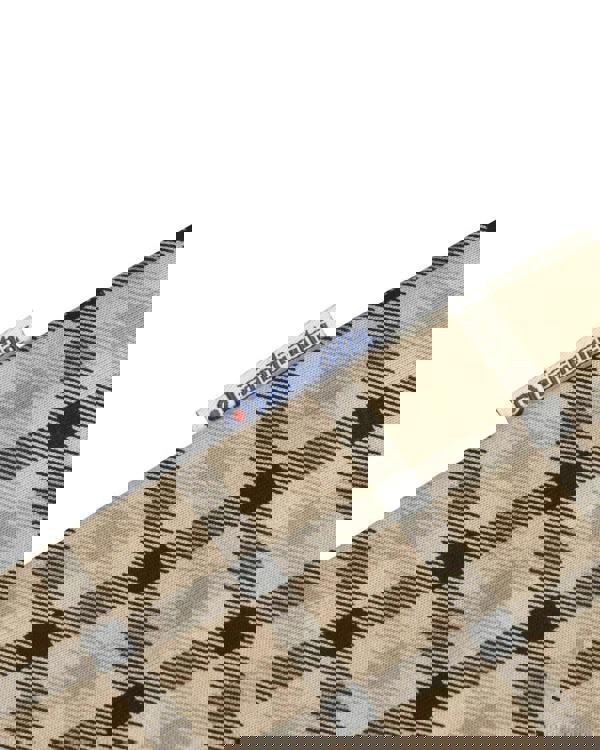 Lambretta Mens Check Classic Mod Ska Casual Smart Polo, close-up of beige polo with black checkered pattern and Lambretta label tag.