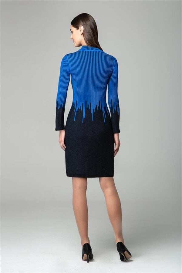 Talia blue two-tone ribbed knit dress with rain drop effect and bell sleeves
