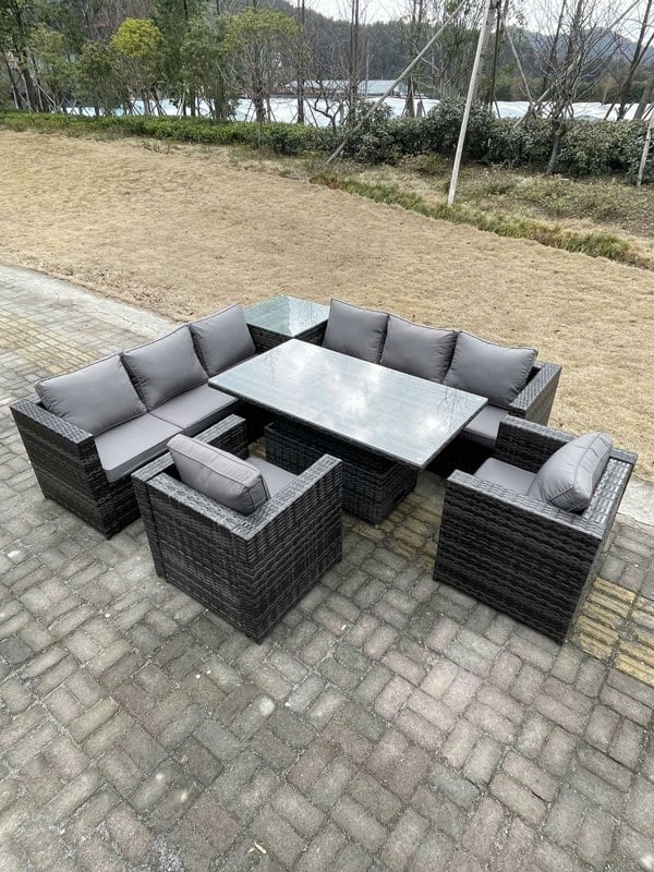 Fimous 8 Seater PE Rattan Corner Sofa Set Rising Adjustable Dining Table Set High Side Coffee Table With 2 Arm Chairs