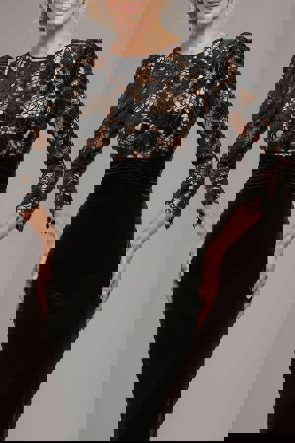 Scalloped Crochet & Velvet Midi Dress - Black DR4652M