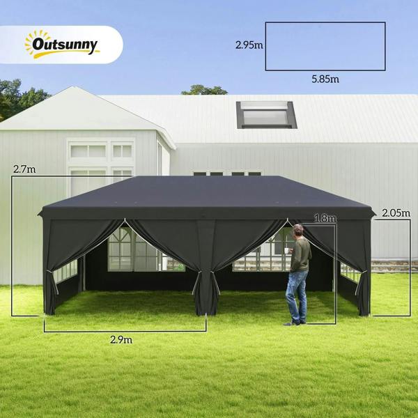 Black pop-up gazebo canopy tent with side panels and windows, height-adjustable profile