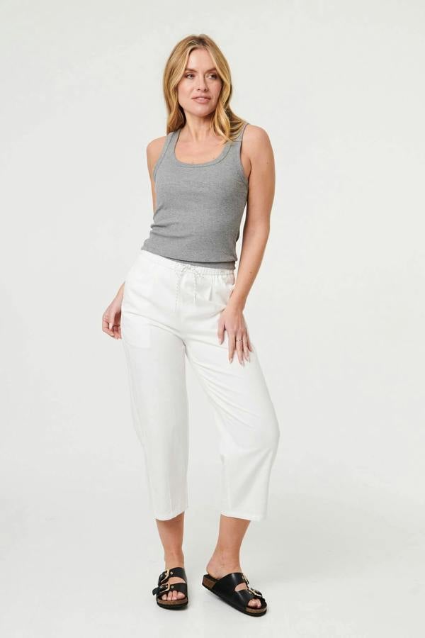 White | Tie High Waist Cropped Wide Trousers
