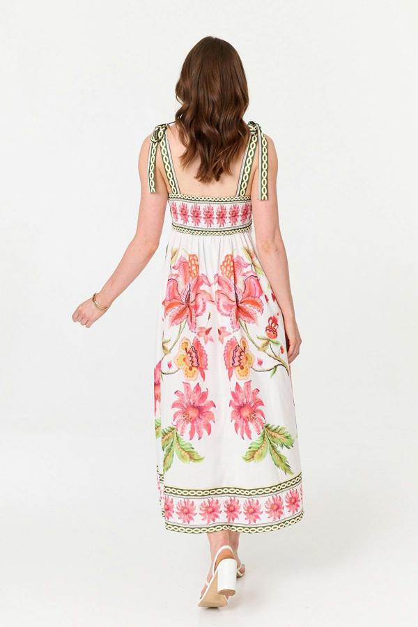 White | Floral Tie Strap Sleeveless Midi Dress