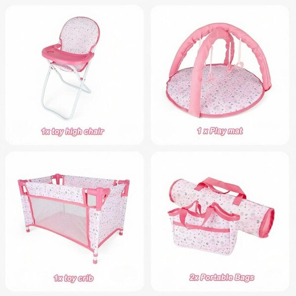 deAO Toys 4-in-1 Baby Doll Pretend Play Set - Highchair, Bed, Cradle & Play Mat, Durable Role Play Furniture(Doll Not Included)