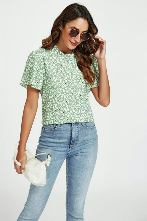FS Collection Little Floral Print Angle Sleeve High Neck Top/Blouse In Green