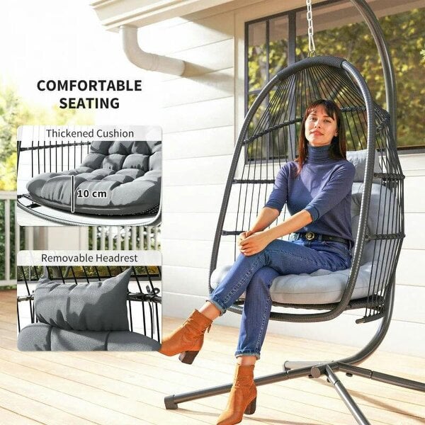 Bobobiy Rattan Hanging Egg Chair with Stand, Foldable Wicker Swing Egg Chair with Cushion, Steel Frame, Hammock Chair, Capacity 150 kg, Dark Grey