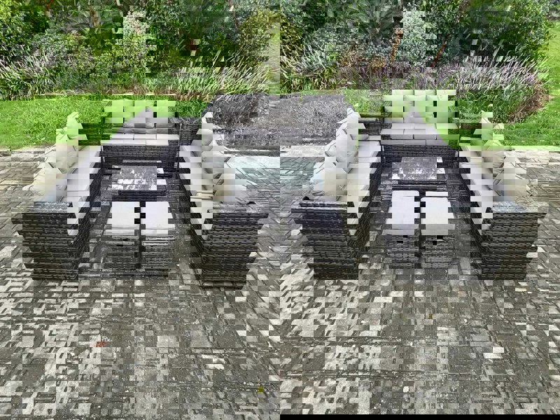 Fimous Outdoor Lounge Sofa Set Wicker PE Rattan Garden Furniture Set with Oblong Coffee Table 2 Small Footstools Dark Grey Mixed