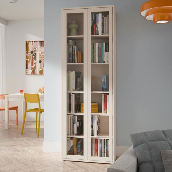 Furniture To Go Alice Springs Slim Tall Display Cabinet with 2 Glass Doors Push-to-Open & 5 Shelves in Sand