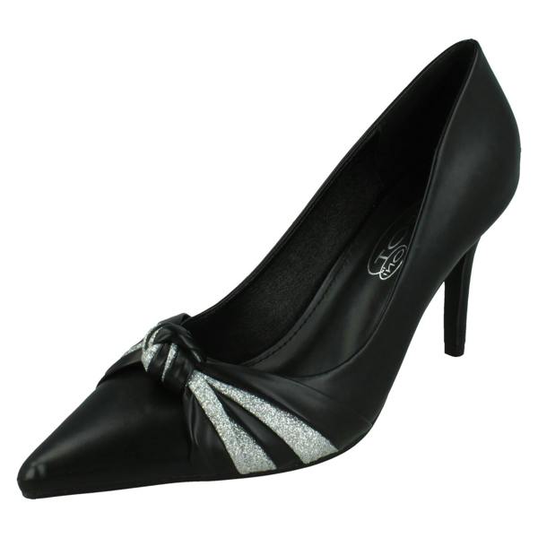Spot On Ladies Spot On High Heel Pointed Toe Court Shoes with Glitter Twist Knot F90131