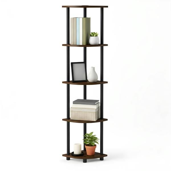 WALPLUS Turn-N-Tube 5 Tier Corner Display Rack Multipurpose Shelving Unit, Columbia Walnut/Black perfect for organized storage and display