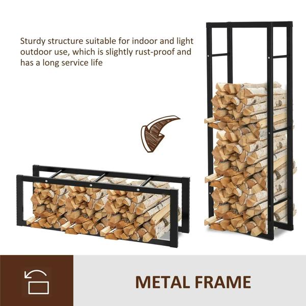 Black metal firewood rack with sturdy frame; shows tall and horizontal sections.