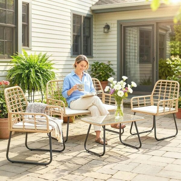 4 Piece Rattan Garden Furniture Set, Outdoor Patio Furniture with Loveseat, Armchairs and Coffee Table
