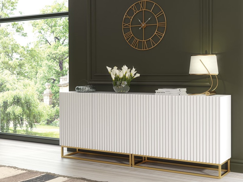Mex Furniture Sophisticated White Sideboard with Fluted Fronts & Gold Legs – 200cm Storage Unit