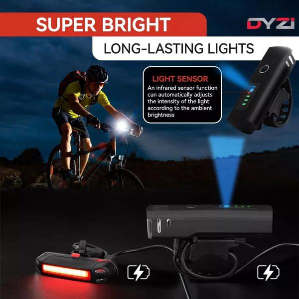 Dyzi Bike Bicycle Light Set USB Rechargeable 4 Modes Daylight Sensor