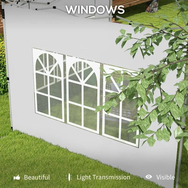 White pop-up gazebo side panel with window openings and geometric decorative grid