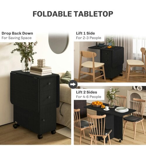 Wyld Haus Midile Wooden Distressed Black Drop Leaf Dining Table With Storage Seating 6
