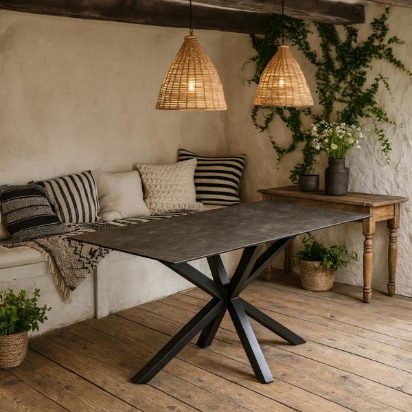 Wyld Haus Perth 160cm 6 Seater Black Ceramic Dining Table Industrial Black Metal Legs